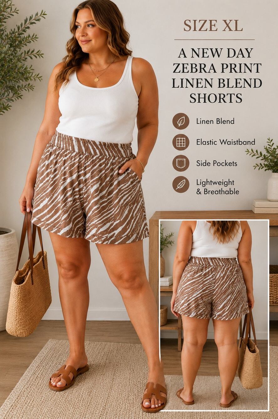 A New Day XL Zebra Print Linen Blend Pull On Shorts Brown Cream Pockets